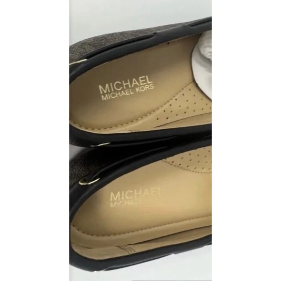 Michael Kors Sutton Sz 10 Loafers Logo Print Moc Flats Brown/Black Slip On Bow - Picture 8 of 9